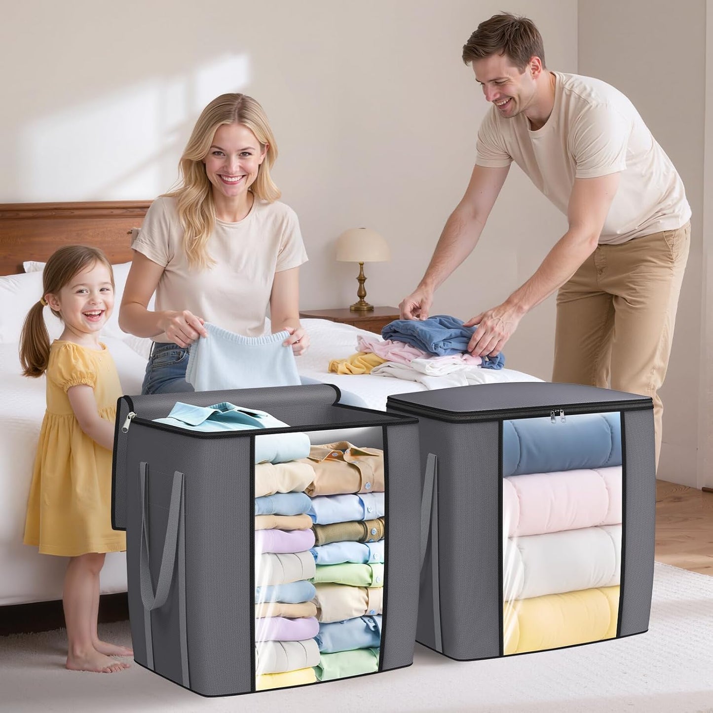 120L Extra Large Clothes Storage Bags, Foldable Blanket Storage and Organization, Thick Fabric Containers with Reinforced Handles & Zippers for Clothing, Comforters, Bedding, Gray, 6 Pack