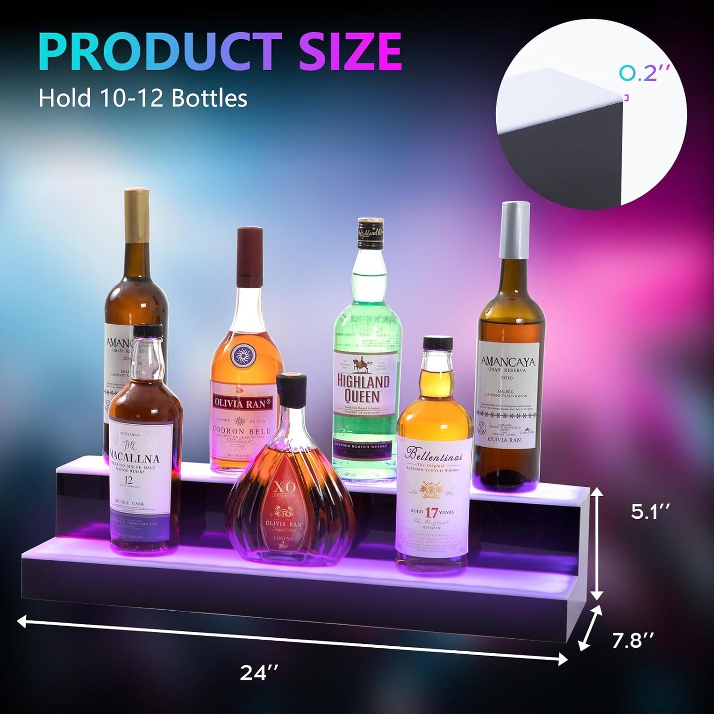 Led Lighted Liquor Bottle Display Shelf, 24 Inch 2 Tier Whiskey Rack, Support USB, Bar Stand with RF Remote & App Control, Illuminated Acrylic Lighting Shelves for Home Bar, Party