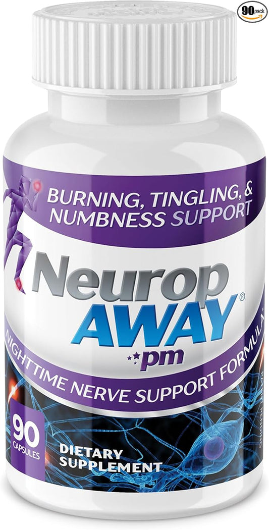 NeuropAWAY Nerve Support PM, with R-Alpha Lipoic Acid to Help Provide Nerve Relief in as Little as 5 Days, Acetyl-L-Carnitine, Theanine, Melatonin, and Methylcobalamin, 90 Capsules