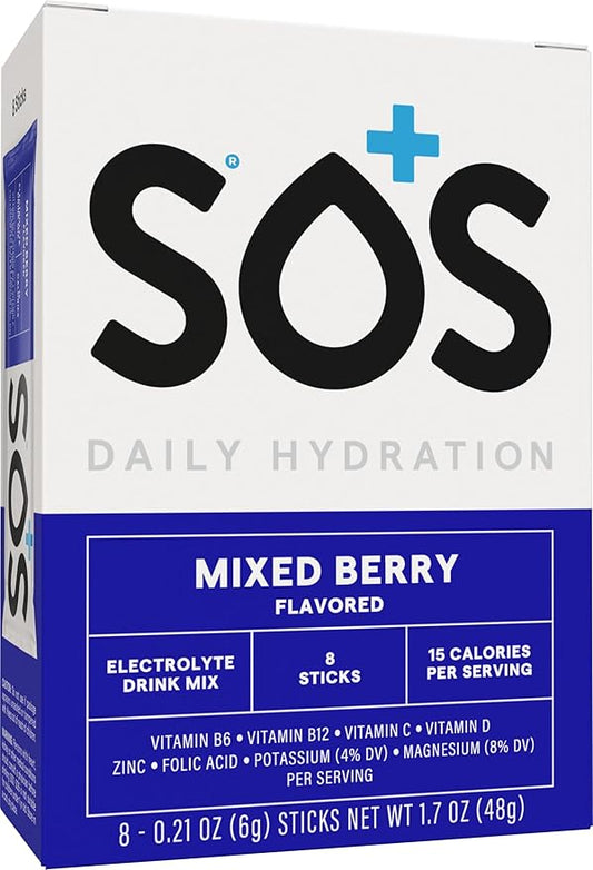 SOS Hydration Electrolyte Powder 8 Stick Packs – Low-Calorie, Rapid Rehydration, Made in USA, Keto (8 Servings, Mixed Berry)