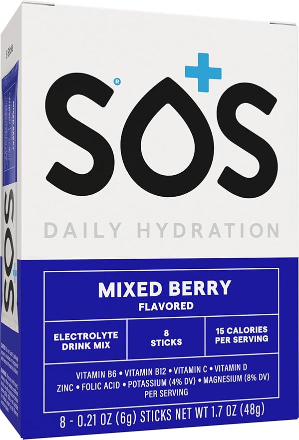 SOS Hydration Electrolyte Powder 8 Stick Packs – Low-Calorie, Rapid Rehydration, Made in USA, Keto (8 Servings, Mixed Berry)