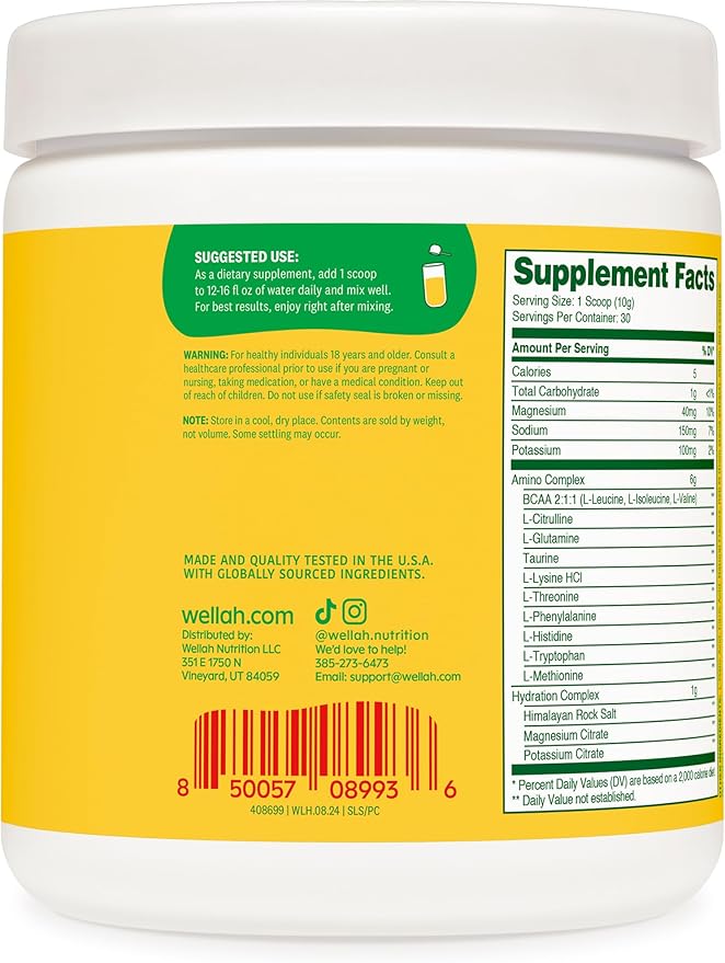 Wellah So Long Soreness BCAA Powder (Pina Colada Flavored) 30 Servings - with Hydration Complex