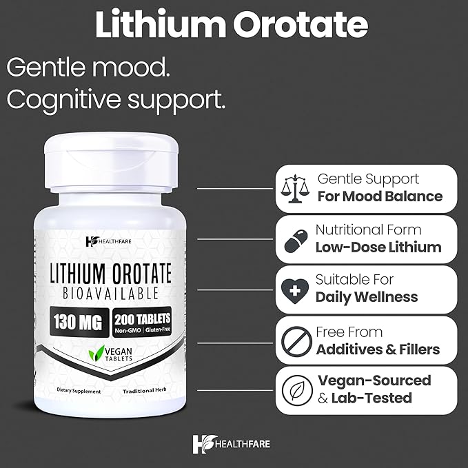 Lithium Orotate 130mg | 200 Veg Tablets | High Bioavailability | Gluten-Free | Non-GMO