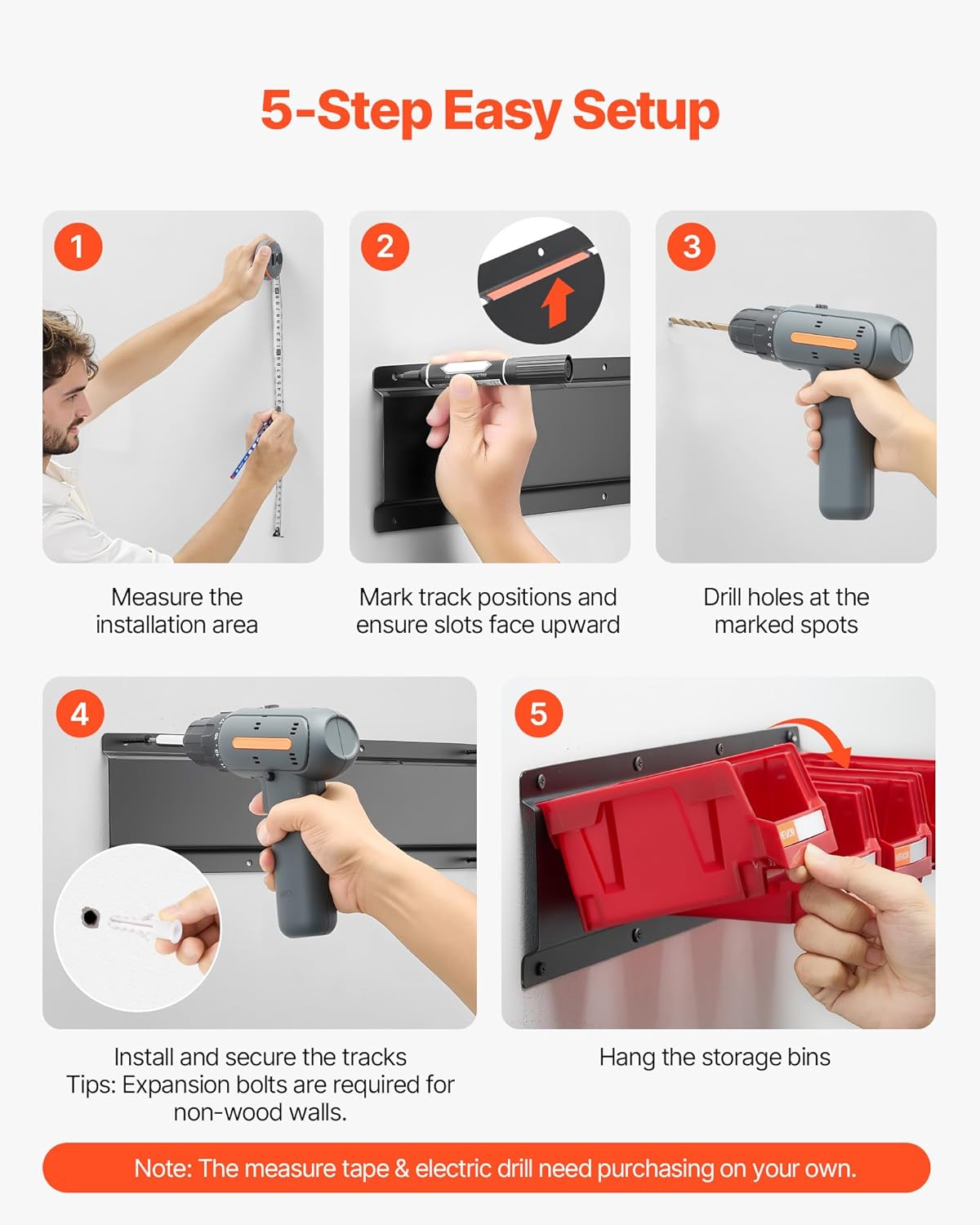 VEVOR Wall Mounted Storage Bins, 12 Plastic Bins & 3 Metal Rails, Plastic Hanging Stackable Storage Bin for Screws, Nuts, Bolts, Nails, Hardware Tool Organizer for Workshop, Craft Room, Garage, Red