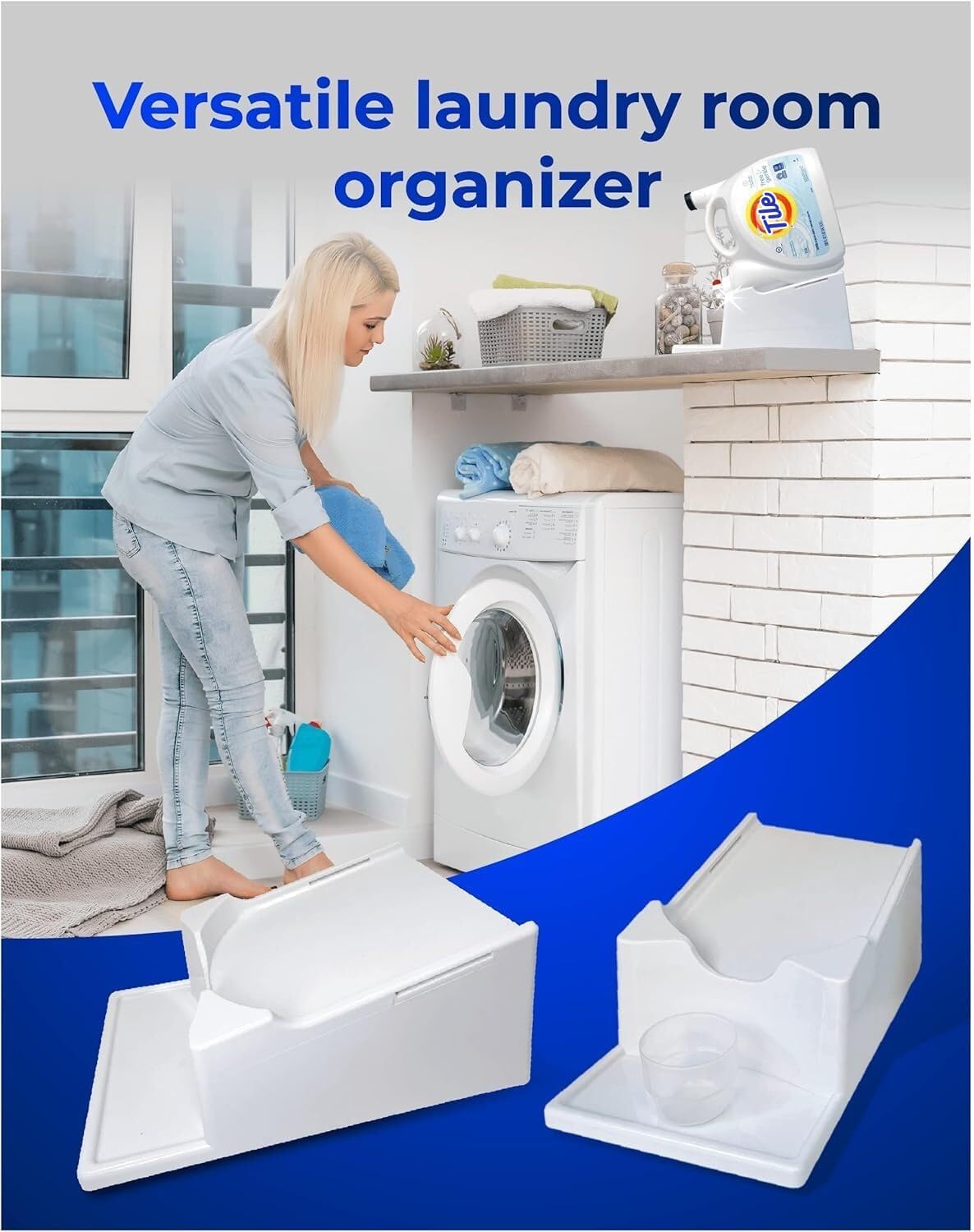 TidyFriend Liquid Laundry Detergent Holder Stand with Drip Tray & Rubber-Grip Feet, Stand for Laundry Room Organization and Storage, Fabric Softener Dispenser with Cup Holder for Easy Pouring (White)