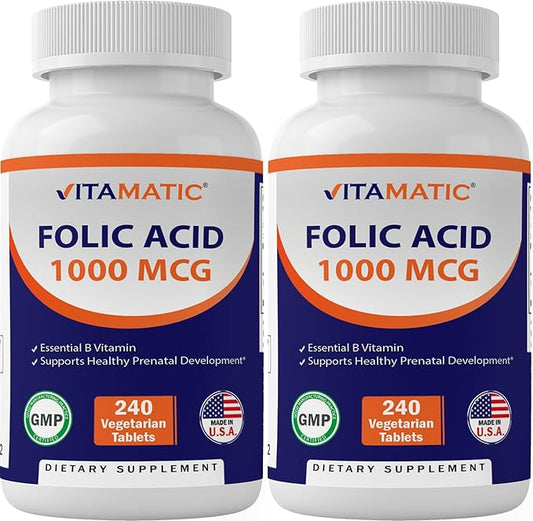 Vitamatic Folic Acid 1000 mcg (1 mg) – 240 Vegetarian Tablets (Pack of 2) 1667 mcg DFE – Vitamin B9 for Prenatal, Heart & Cellular Health