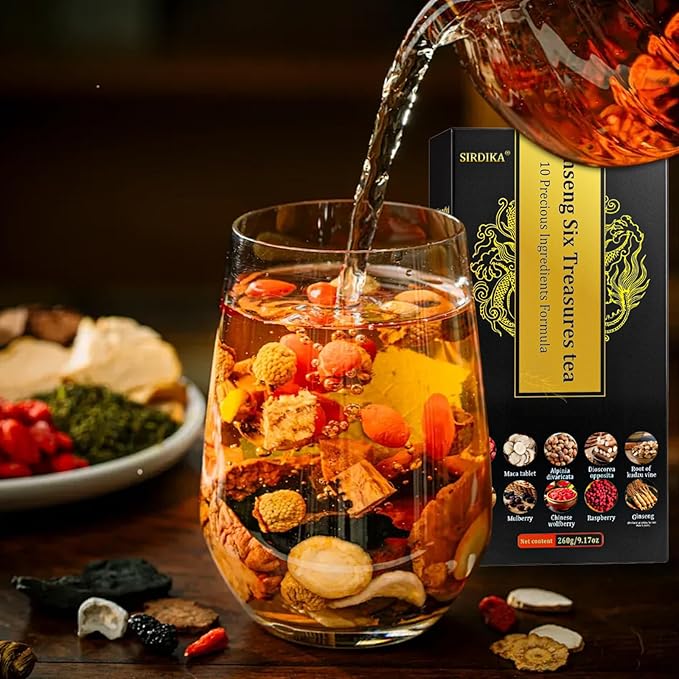 Kidney Tea Formula Ginseng Six Treasure Tea, 10 Precious Ingredients Formula, 260g/Box Ginseng Five Treasure Teabag, Chinese Herbal Teas Support Kidney and Live Health for Men Women (20 bags/2Box)