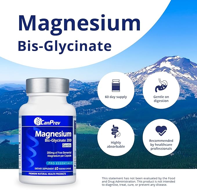 CanPrev Magnesium BisGlycinate 200mg Gentle 60 Veg Caps, 60-Day Supply, Chelated Magnesium Supplement for Bone & Muscle Support, Easy to Digest, Promote Relaxation & Comfort, Vegan, Non-GMO, No Sugar
