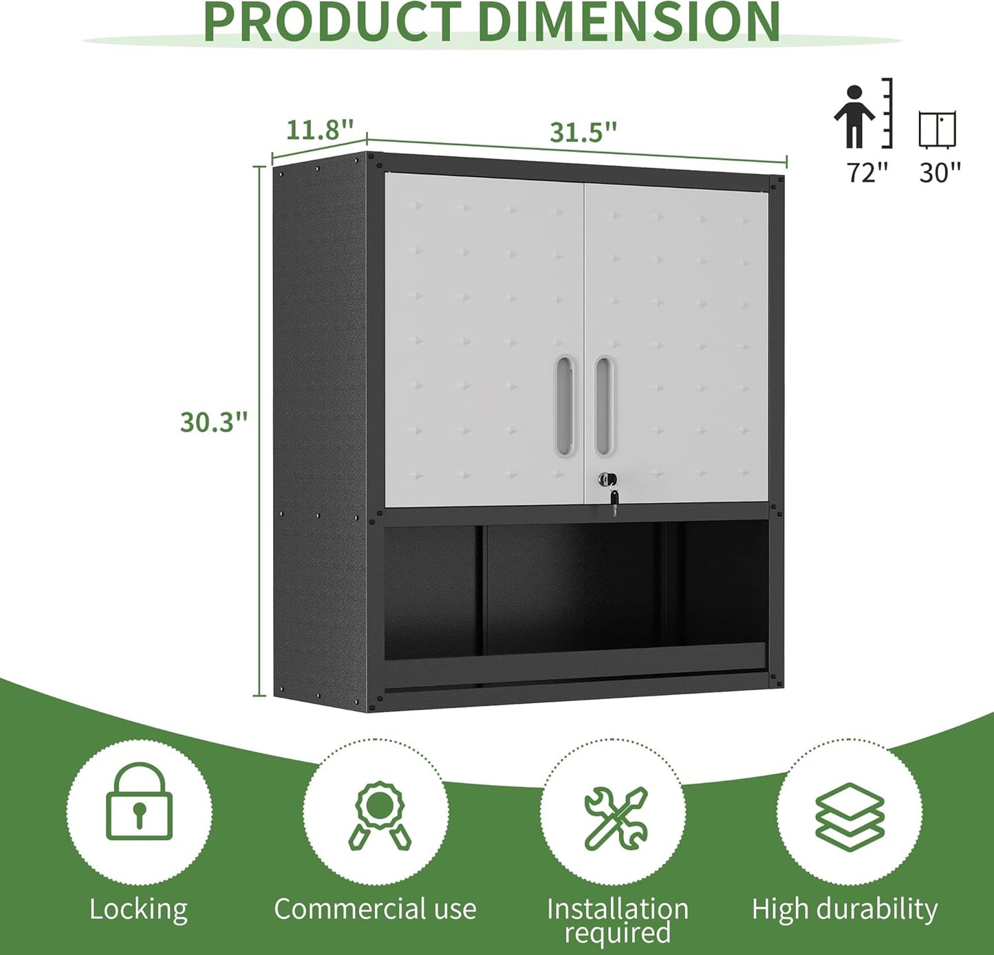 Metal Wall Cabinet, Garage Wall Cabinet with Adjustable Shelf for Garage, Tool Room, Kitchen, Assembly Required(Black and Gray)