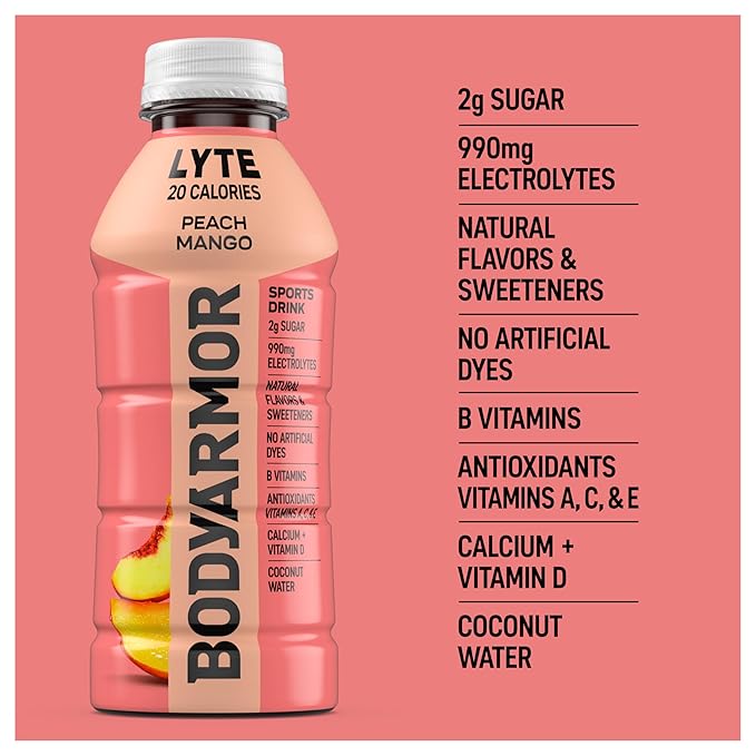 BODYARMOR LYTE Sports Drink Low-Calorie Sports Beverage, Peach Mango, Coconut Water Hydration, Natural Flavors With Vitamins, Potassium-Packed Electrolytes, Perfect For Athletes, 16 Fl Oz (Pack of 12)