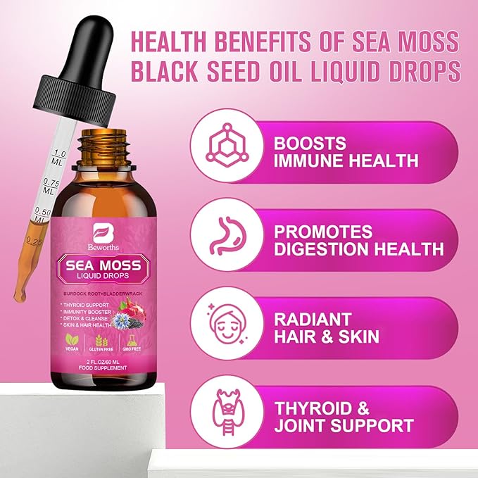 Sea Moss Liquid Drops - Black Seed Oil & Irish Sea Moss Gel with Burdock Root Bladderwrack, Elderberry, Spirulina, Seamoss Supplement for Energy Booster, Digestive Health - 4 Fl Oz, Vegan
