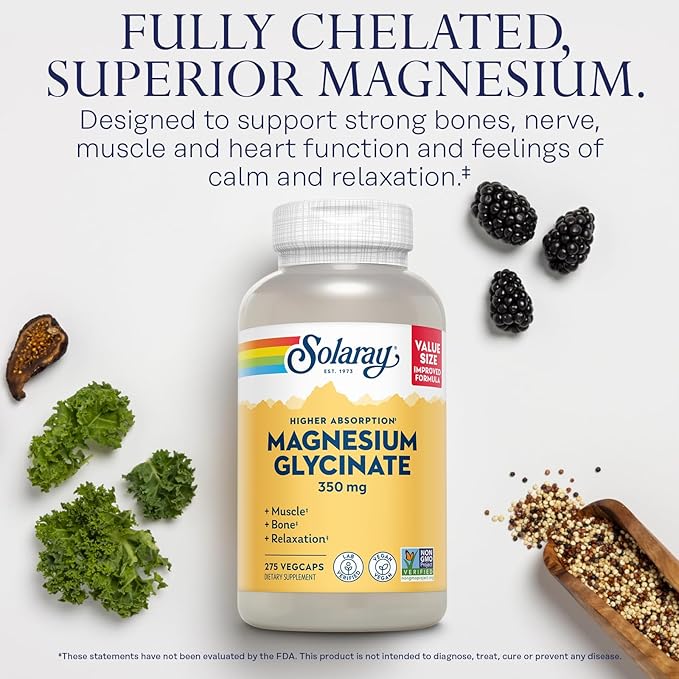 SOLARAY Magnesium Glycinate Capsules, Chelated Magnesium Bisglycinate w/BioPerine, Higher Absorption Magnesium Supplement - Bones, Muscles, Heart Support, Vegan, 68 Servings, 275 VegCaps