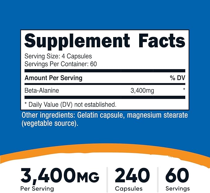 Nutricost Beta-Alanine Capsules 3400mg, 240 Caps (2 Pack) - Potent Beta Alanine, Gluten Free & Non-GMO, 850mg Per Cap, 60 Serv Per Bottle