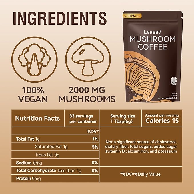 Organic with 6 Adaptogenic Mushrooms and MCT Oil Mushroom Coffee for Better Energy Focus Digestion Immunity with Turkey Tail Shiitake and Lion's Mane 33 Servings