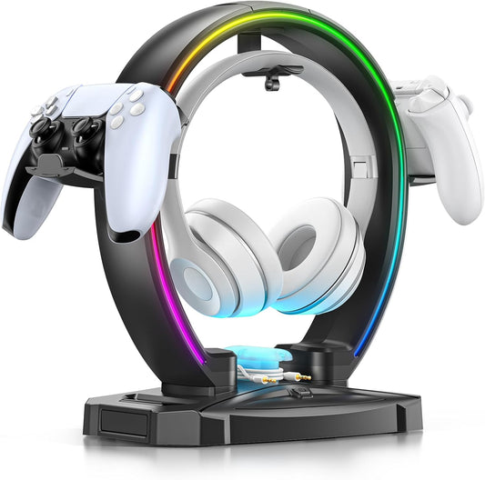 KDD RGB Headphone & Controller Stand with 9 Light Modes - Foldable Controller Hanger for Desk - Earphone Stand with Cable Organizer - for Gamers Desktop Accessories