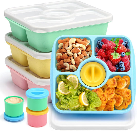 QQKO Bento Snack Box Containers for Adults Kids, 4 Pack Lunchable Meal Prep Containers Reusable, Stackable Bento Lunch Box, Food Storage Prep Containers with 4 Sauce Cups, Pastel Color, White Lid