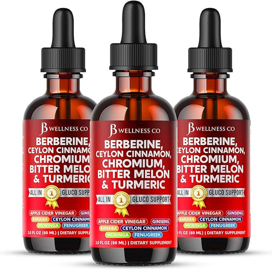 Berberine with Ceylon Cinnamon Supplement Liquid Drops + Bitter Melon Extract, Glucomannan, Gymnema, Chromium, Turmeric, Panax Ginseng, Moringa- 6 OZ