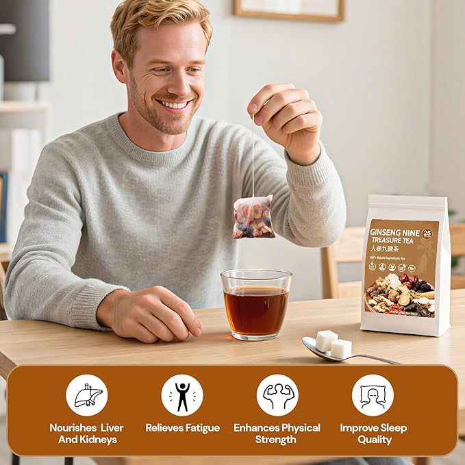 Kidney Tea - Ginseng and Wolfberry, Ginseng Six Treasure Tea, Traditional Chinese Herbal Plant-Based Five Treasure TeaBags, 9 Natural Ingredients Support Liver Cleanse & Repair for Men Women(50 Bags)