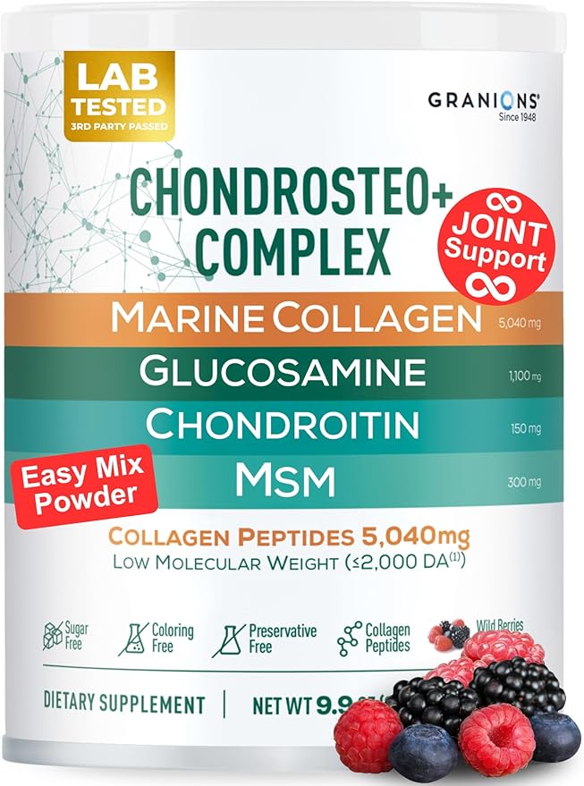 Glucosamine Chondroitin MSM Powder – Joint Supplements for Men and Women - Chondrosteo, Hydrolyzed Marine Collagen Peptides, Essential Vitamins Minerals Nutritional Complex – Wild Berry 9.9oz
