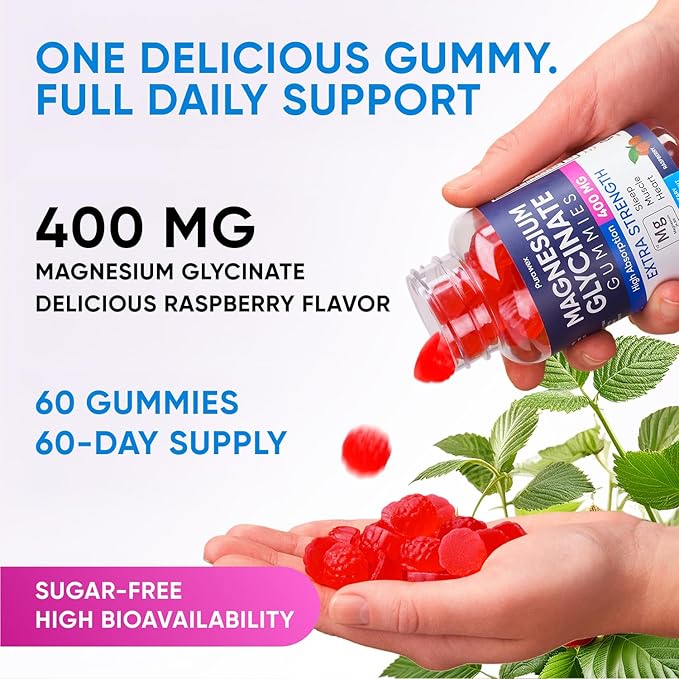 Magnesium Glycinate Gummies 400mg, High Absorption Magnesium Supplement for Women, Men and Kids, Muscle Support and Relaxation, Sugar Free, Vegan, 60 Days Supply, Raspberry Flavor