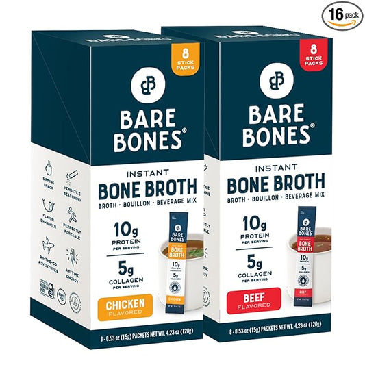 Bare Bones Bone Broth Instant Powdered Mix, Variety Pack, 8 Chicken and 8 Beef, 15g Sticks, 10g Protein, Keto & Paleo Friendly Bone Broth Packets, 16 Total Servings
