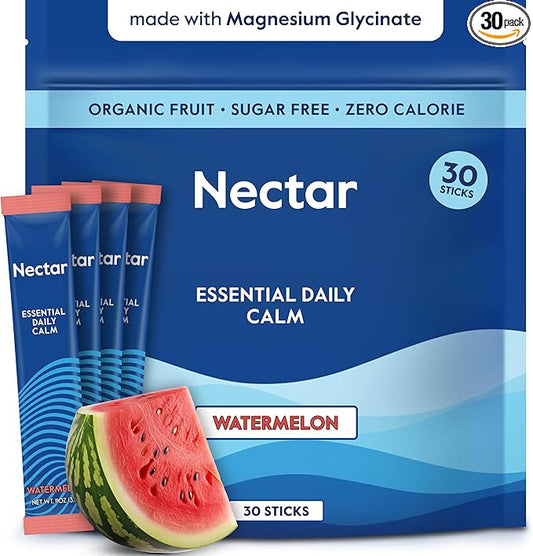 Nectar Calm Magnesium Glycinate Drink Mix - Sugar Free & Zero Calorie - with Organic Ashwagandha, Vitamin D, L-Theanine, Hydrating Electrolytes - Relax, Focus & Calm - Non-GMO (Watermelon 30 Sticks)