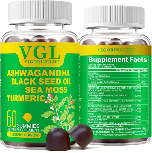 Ashwagandha Gummies, Sea Moss, Black Seed Oil, Turmeric, Manuka Honey, ACV, Dandelion, Black Pepper, Burdock, Bladderwrack, Blueberry Flavor, Vegan, Gluten-Free, Non-GMO, 60 Count