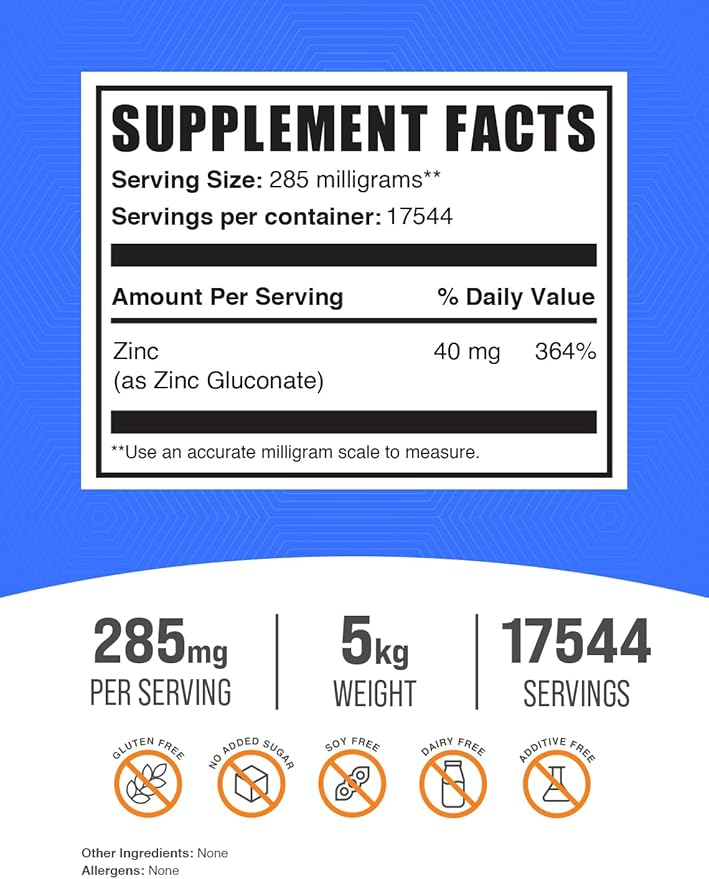 BulkSupplements.com Zinc Gluconate Powder - Zinc 40mg, Zinc Powder - Zinc Supplement for Immune Support - Gluten Free, 285mg per Serving, 5kg (11 lbs) (Pack of 5)