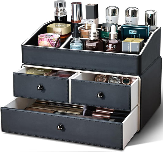 KINGFOM 2 Tier PU Leather Makeup Organizer with 3 Drawers, Cosmetic Storage Organizers for vanity Dresser Countertop and Bathroom Vanity, Beauty Holder for Lipstick Brush Skincare (Black)