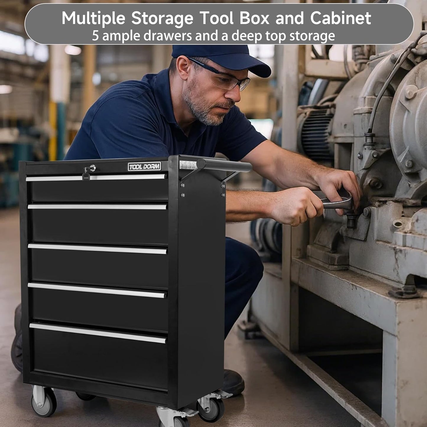 5-Drawer Rolling Tool Chest with Locking Wheels & Drawers, 13" D x 24.2" W x 34.6" H Mobile Tool Storage Cabinet, Heavy-Duty Garage Organizer w/Ergonomic Handle