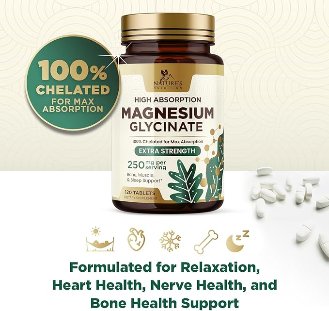 Magnesium (Glycinate) - Magnesium Supplement for Heart Health, Nerve, Muscle, Bone, and Sleep Support - 100% Chelated & High Absorption - 250 mg per Serving - Gluten Free, Vegan, Non-GMO - 120 Count