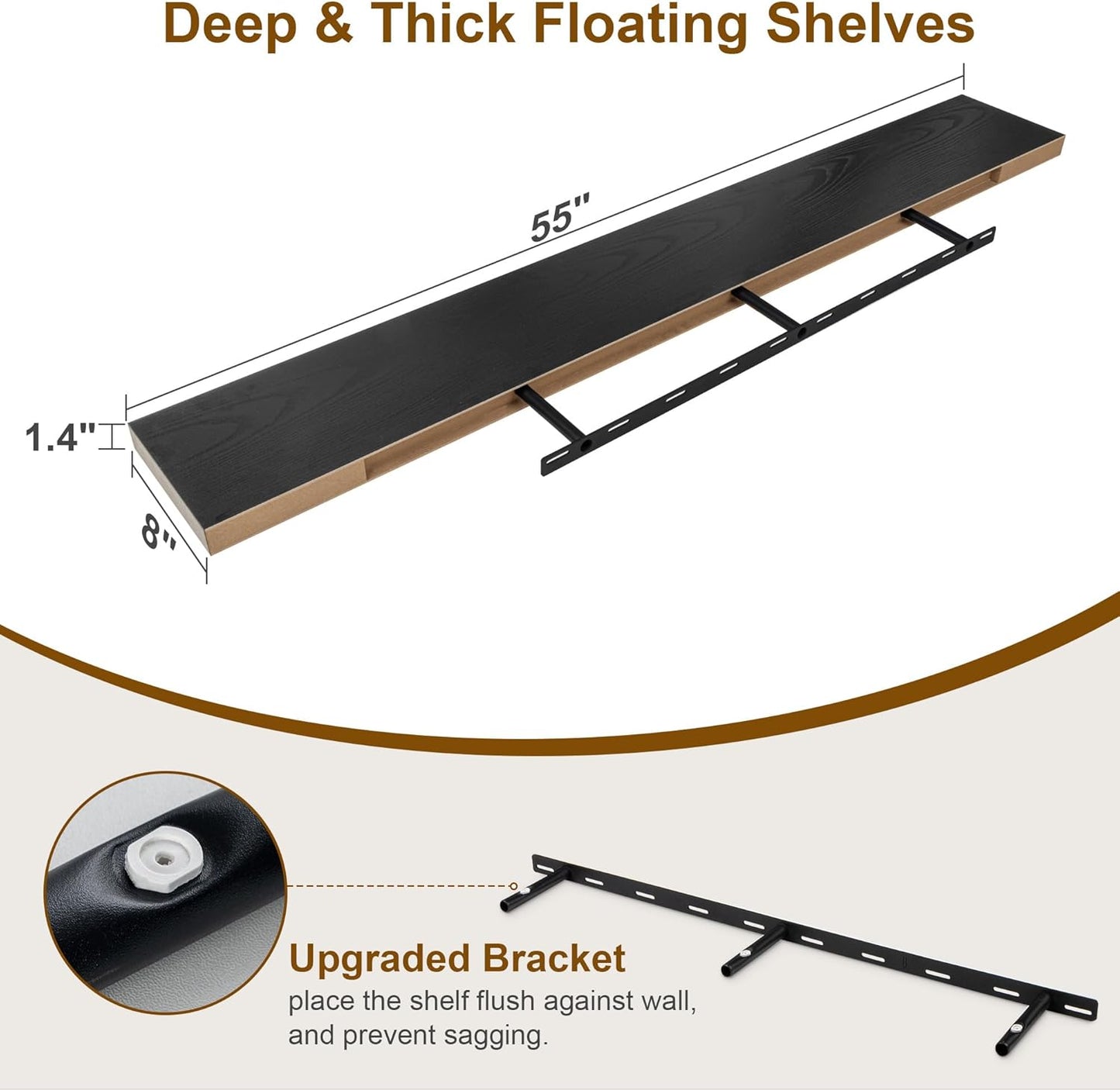 Fun Memories Deep Black Floating Shelves, 8 Inch Deep Floating Shelf for Wall, Rustic Black Wall Shelves 55 Inch Long, Large 55 x 8 Storage Shelves for Living Room, Bedroom, Kitchen