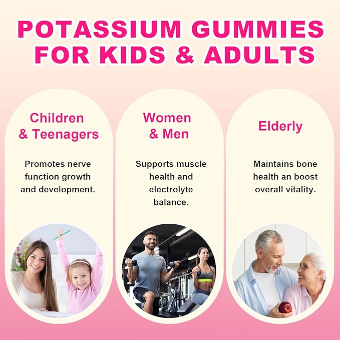 Potassium Gummies, Potassium Chloride Gummies 1200mg for Adults, Sugar-Free Potassium Supplement Support Leg Cramps & Electrolyte Balance, Raspberry Flavor, 60 Count