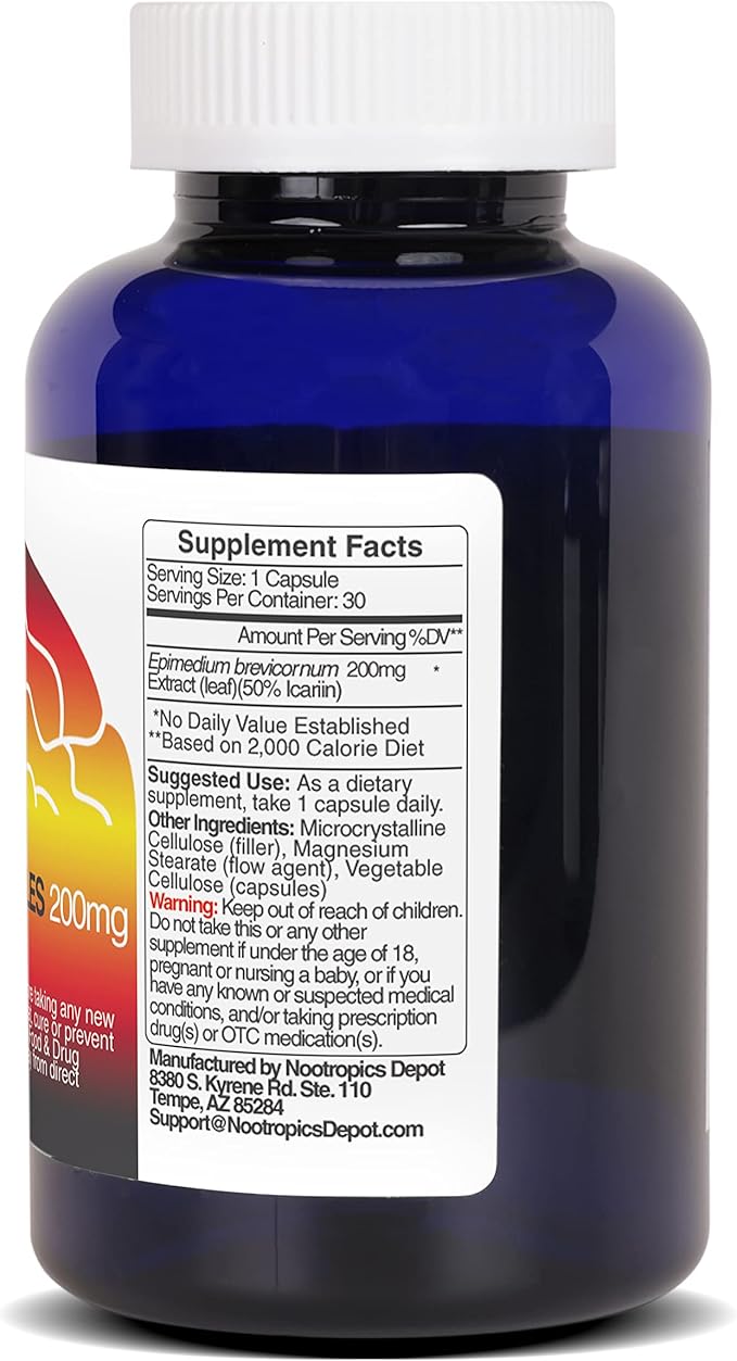 Nootropics Depot Horny Goat Weed Capsules | 200mg | 30 Count | Minimum 50% Icariin | Epimedium brevicornum