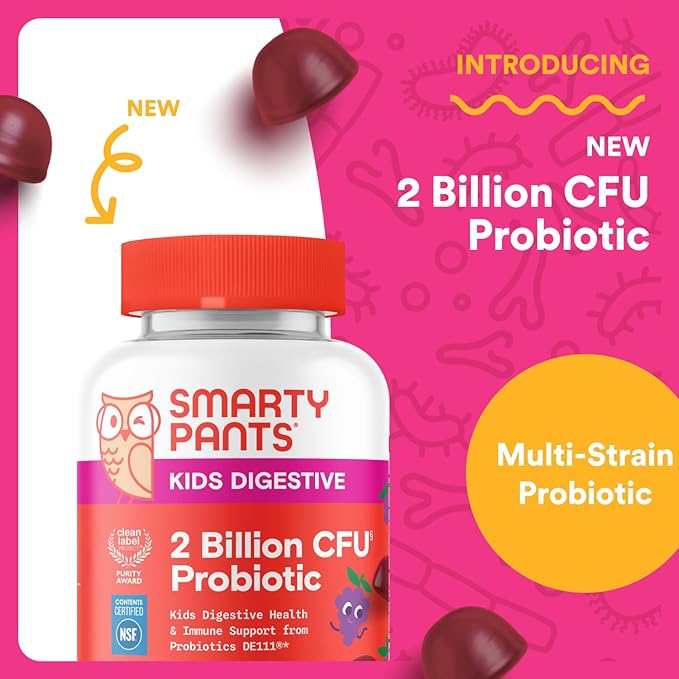 SmartyPants Kids Probiotic Gummies for Digestive Health: 2 Billion CFU Gut Health and Immune Support Supplement, Clinically Studied Probiotic, Gluten Free, Grape, 30 Count (30 Day Supply)