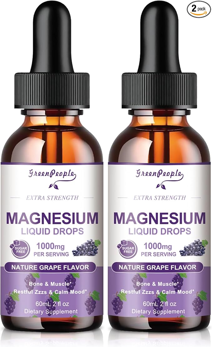 Magnesium Glycinate Liquid Drops - 1000mg 5-in-1 High Absorption Liquid Magnesium for Sleep with D3/K2/B6 | Fast-Acting, Bone, Muscle & Sleep | Sugar-Free Grape Flavor, 2fl Oz 2 Pack