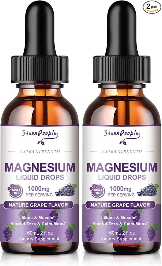 Magnesium Glycinate Liquid Drops - 1000mg 5-in-1 High Absorption Liquid Magnesium for Sleep with D3/K2/B6 | Fast-Acting, Bone, Muscle & Sleep | Sugar-Free Grape Flavor, 2fl Oz 2 Pack