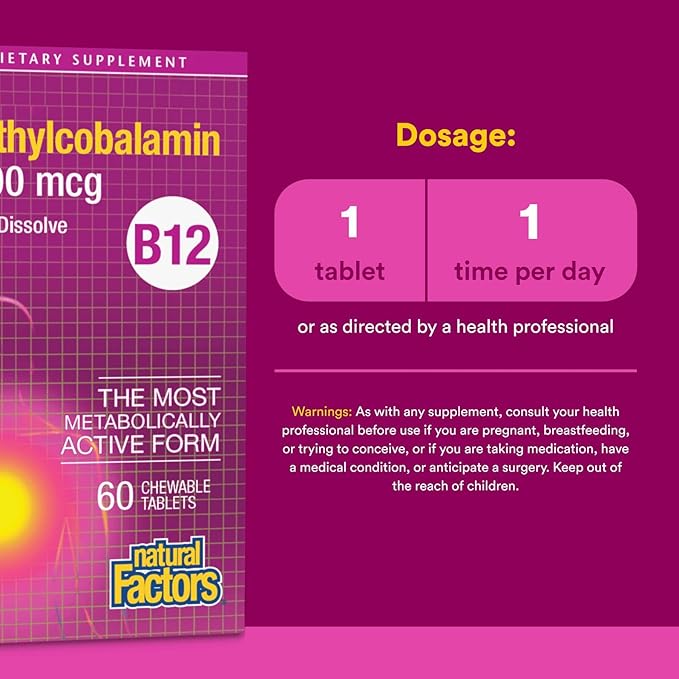 Natural Factors, Vitamin B12 Methylcobalamin 5000 mcg, Chewable Support for Energy and Immune Health, Vegetarian, 60 tablets (60 servings)