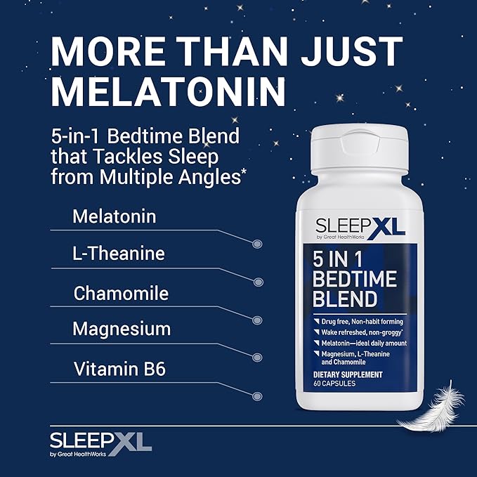 SleepXL Sleep Supplement Non-Habit-Forming Formula - Fall Asleep Faster & Sleep Longer - 5 key ingredients include Melatonin, L-Theanine, Chamomile, Magnesium & Vitamin B6 (60 Capsules, 30 Servings)