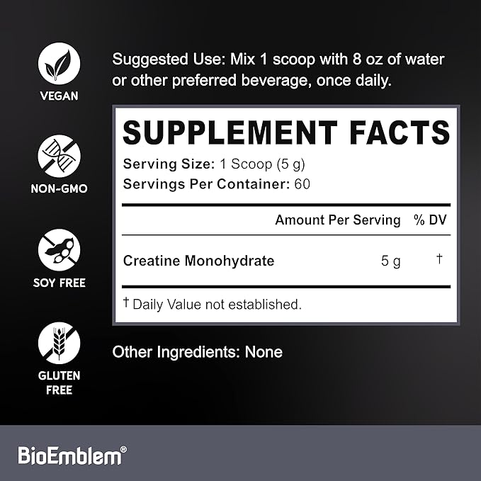 BioEmblem Creatine Monohydrate Powder – Micronized, Unflavored, 5000mg Per Serving(5g) – Supports Muscle Strength, Workout Recovery & Performance Creatine Supplement– Vegan, Non-GMO, 60 Servings