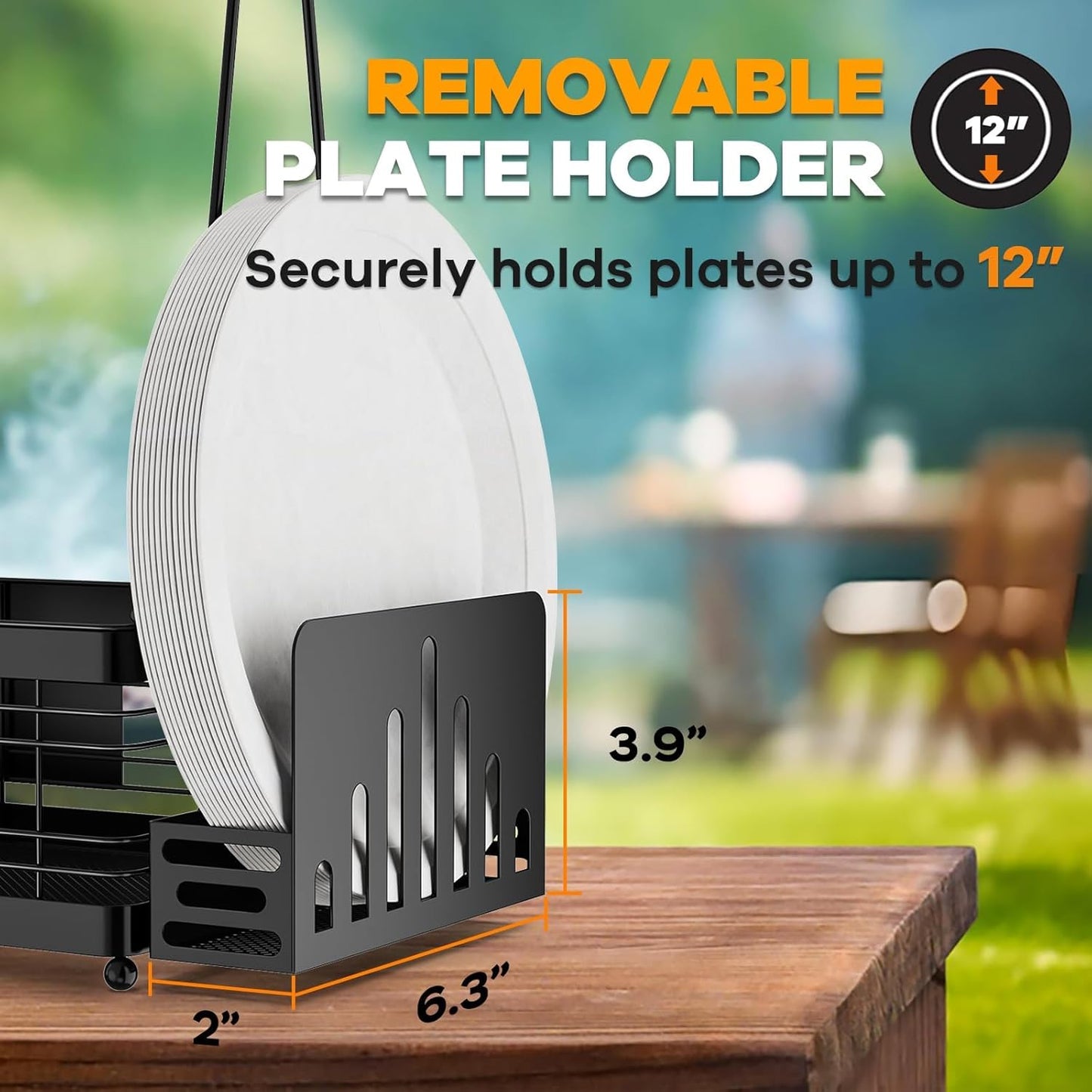 Grill Caddy with Plate Holder and Paper Towel Holder, Picnic BBQ Condiment Utensil Organizer Caddy for Outdoor Cooking, Camping Essential, Camper Must Haves, Grilling Gifts for Men