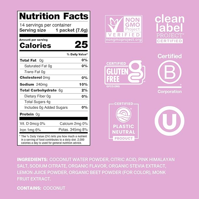 Cure Hydration | Plant-Based Electrolyte Drink Mix | No Added Sugar | Dehydration Relief Powder Made with Coconut Water | Non-GMO | Vegan | Pouch of 14 Packets - Watermelon