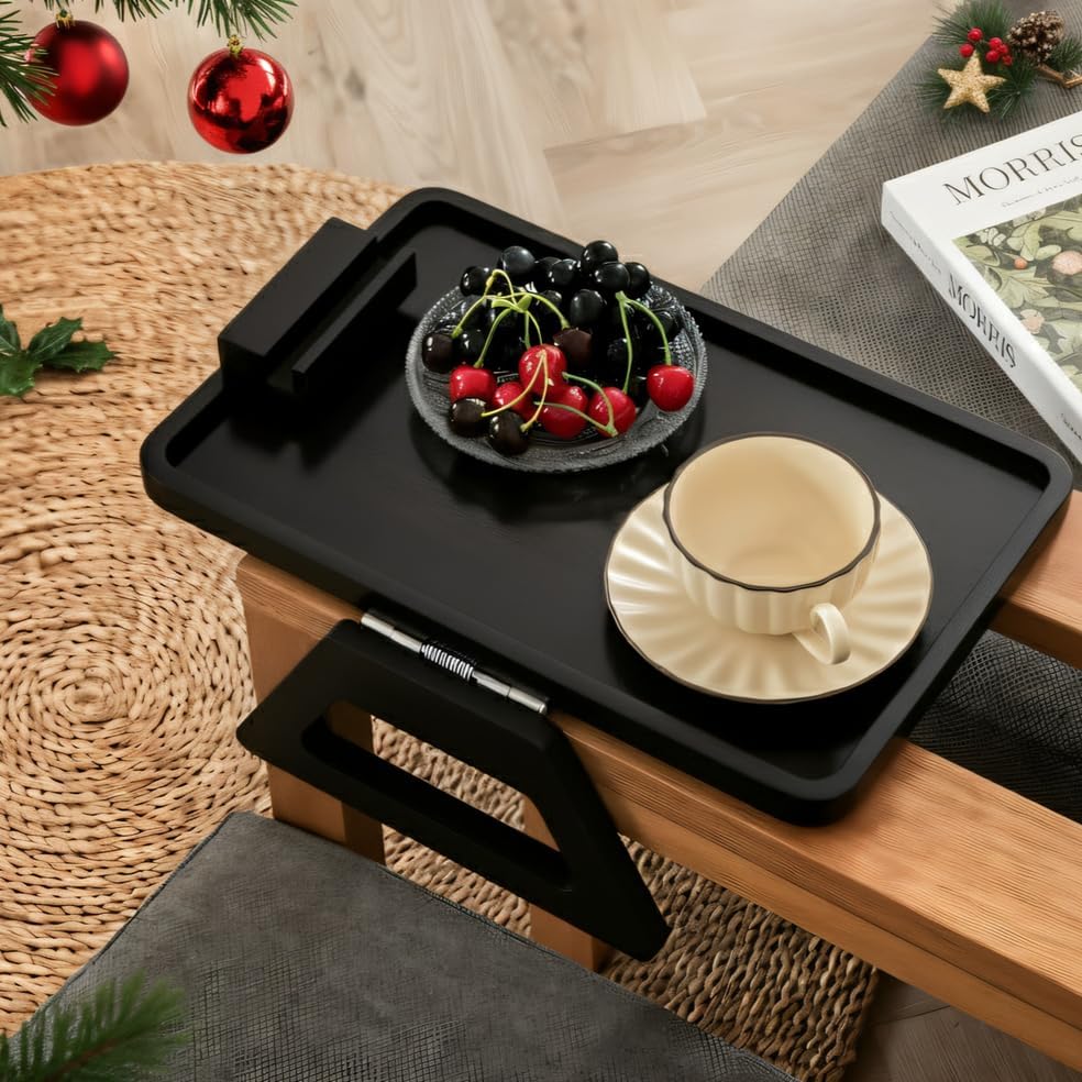 Acacia Wood Arm Table (15.35" D x 9.8" W x 5.7" H), Couch Arm Tray for TV Dinners, Remote, Foldable Armrest Organizer, Rectangular Sofa Armrest Tray - Black