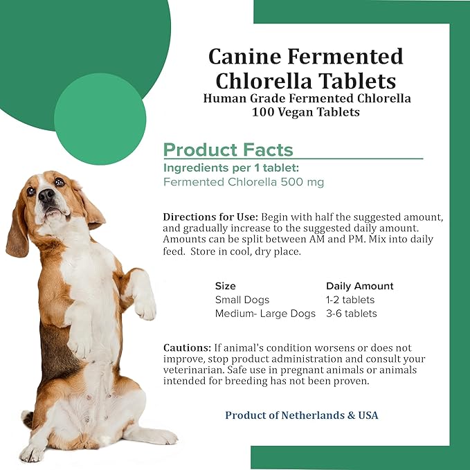 Canine Chlorella Tablets with Human Grade Fermented Chlorella for Dogs | Natural Dog Breath Freshener & Immune Booster Supplement | Dog Greens with Chlorophyll | 100 Vegan Tablets