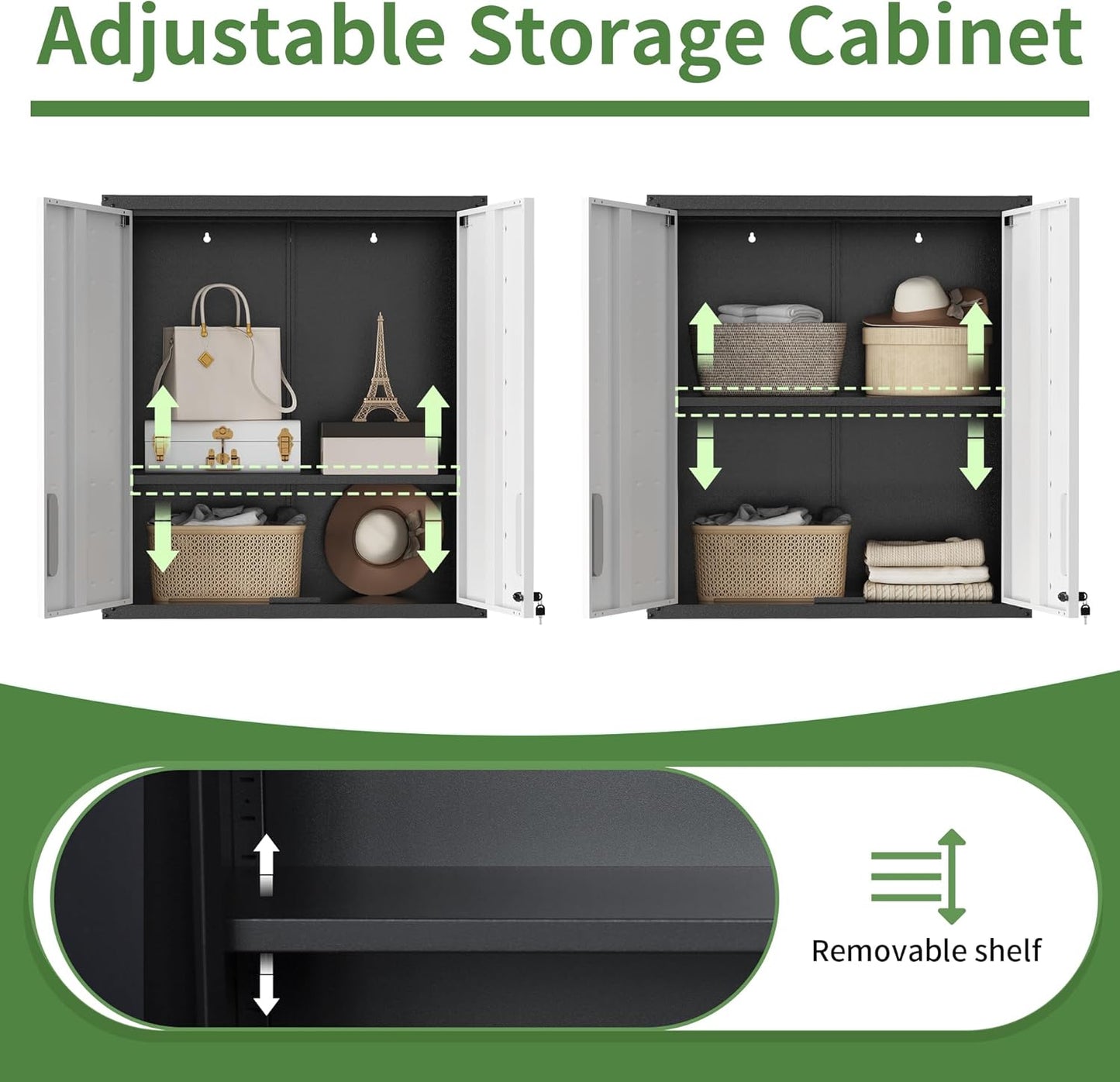 Wall Cabinet, Wall Mounted Cabinet with Lock and Adjustable Shelf for Garage, Tool Room, Kitchen, Assembly Required(Black and Gray)