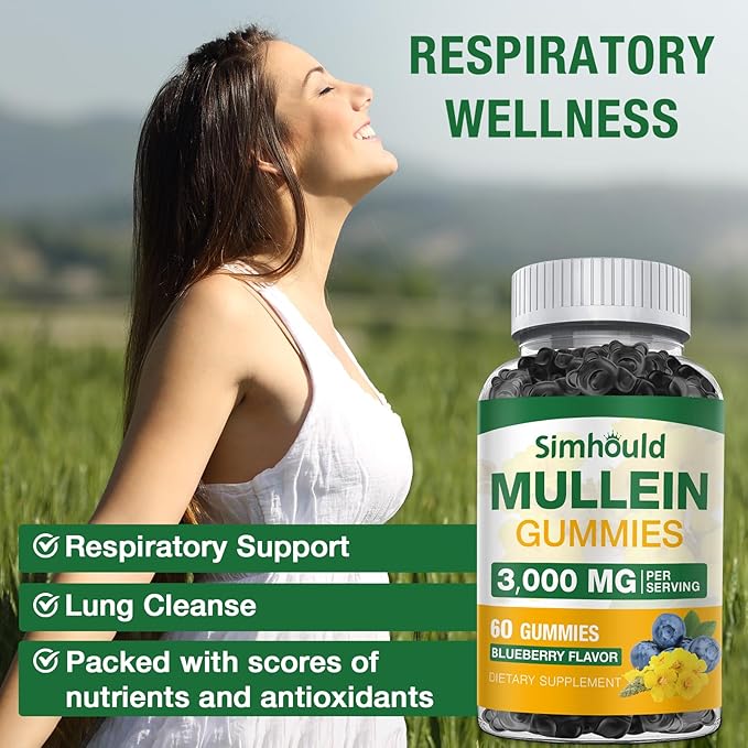 1 Pack Sugar Free 3000MG Mullein Gummies - Lung Cleanse, Mullein Leaf Extract Supplement for Respiratory, Organic Mullein Drops with Quercetin & Bromelain for Lung, Digestive Health & Immune