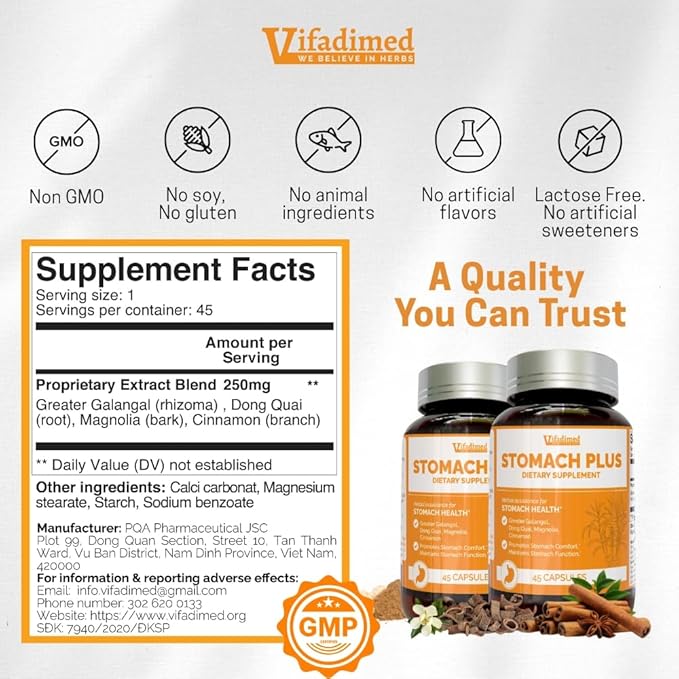 Stomach Plus-for Stomach, Gastritis, Stomach Lining Repair, Acid Reflux, Heartburn, Indigestion, with Galangal, Dong Quai, Cinnamon & Magnolia-45 Capsules