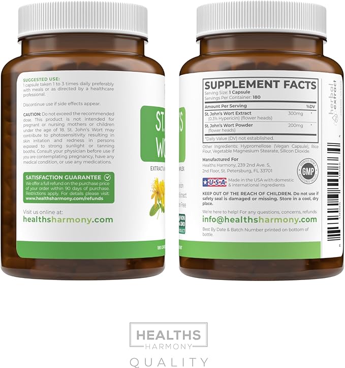 St John's Wort Capsules - Powerful & Potent Saint John's Wort Extract & Whole Herb Complex Standardized to 900mcg Hypericin for Balancing Daily Mood Support - Vegan Non-GMO & Lab Verified (180 Caps)