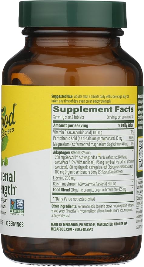MegaFood Adrenal Strength - Adrenal Support Supplements with Ashwagandha and Magnesium Glycinate, Vitamin C, Holy Basil, Astragalus, Reduces Cortisol Levels - Vegetarian - 60 Tablets (30 Servings)