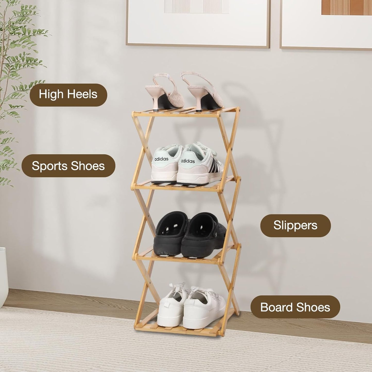 Bamboo Shoe Rack 4 Tier Foldable Shoe Rack Vertical Bamboo Shoe Organizer Free Standing Shelf for Entryway, Closet, Bedroom, Wood Color